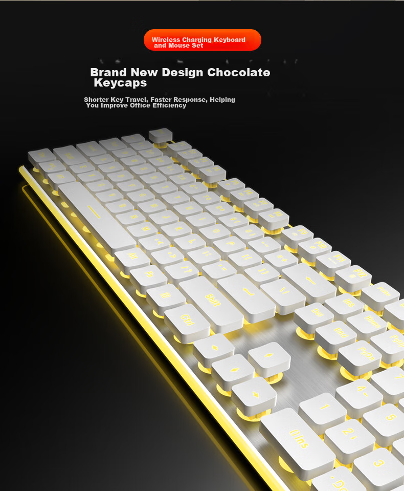 EWEADN X7S Wireless Keyboard And Mouse Combo, 108-Key Office Keyboard, Low-Profile Keyboard for Office, E-Sports Gaming, Universal for Desktop And Laptop Computers, Rechargeable Keyboard, White with Yellow Light 3