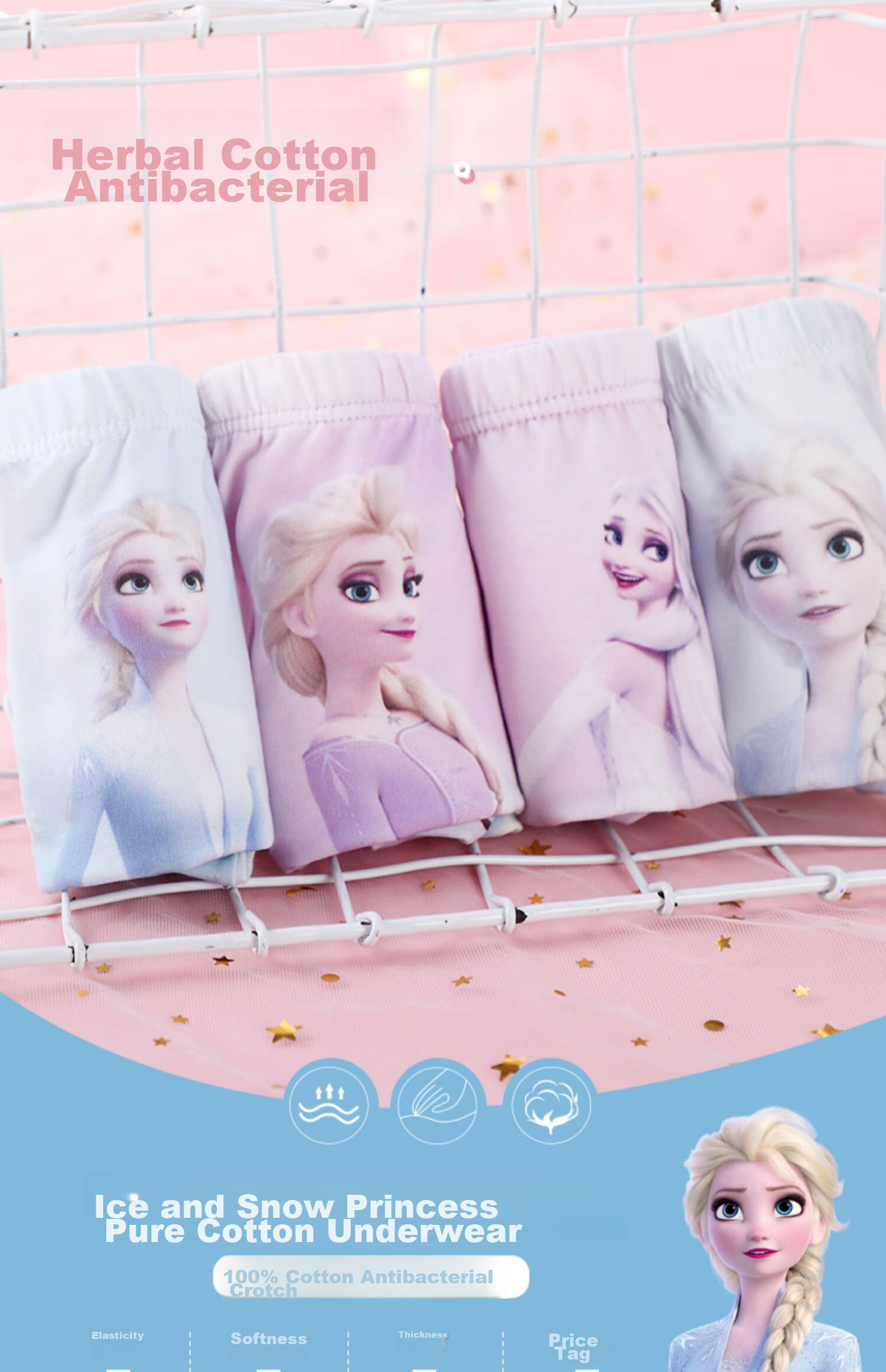 Disney Elsa Girls' Underwear, Children's Boxer Briefs, Pure Cotton Class A Elsa Girls' Shorts, Baby Shorts 1