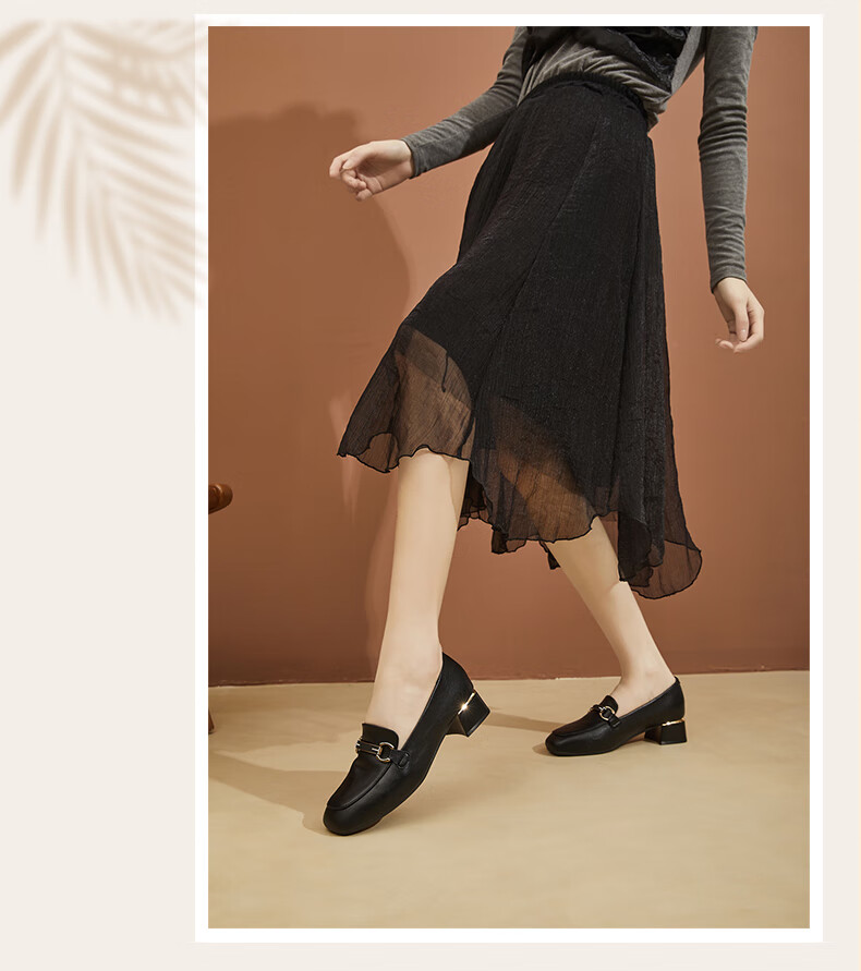 DAPHNE Chunky Mid-Heel Loafers for Women, Fashionable Comfortable Versatile Slip-On Leather Shoes, Black, Size 36 4