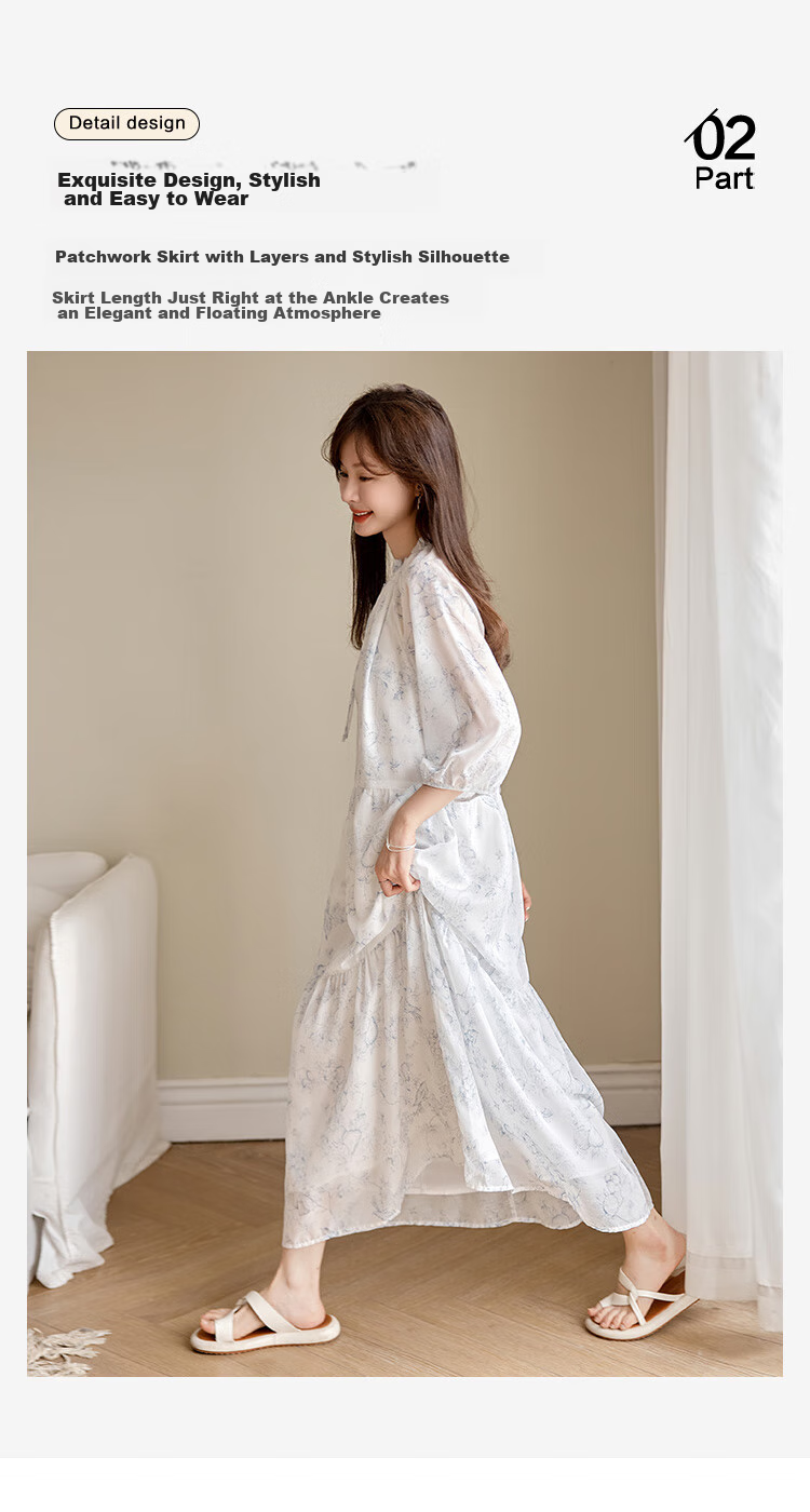 Dme Floral Print Pleated Dress Summer Fresh Three-Quarter Sleeve Long Dress, Floral Print, Size L 5