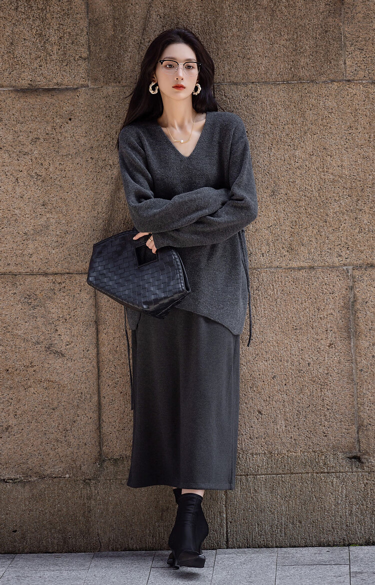 Dme French Ladylike V-Neck Adjustable Elastic Waist Knit Sweater Women's Top, Dark Gray, S 8