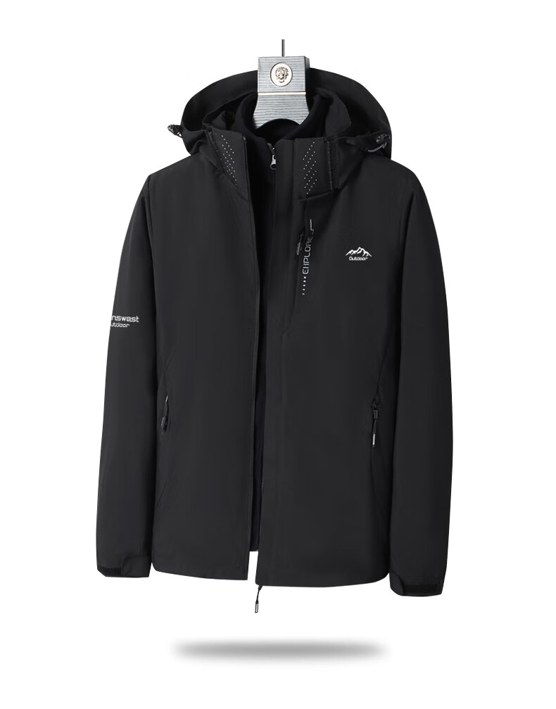JEANSWEST OUTDOOR Windbreaker Spring And Autumn Jacket, Trendy Three-In Hooded Outdoor Breathable Windproof Couple's Outfit, Black, Size L 3