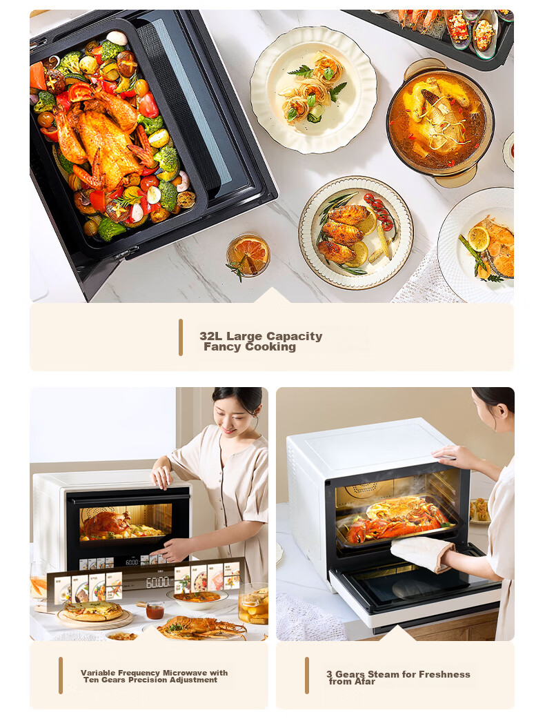 CASDON Microwave Oven Combo Steamer, Baked, Microwave, Steamed And Fried All-In Machine, 32L Large Capacity Ceramic Inner Pot with Membrane, High Definition Color Screen Touch Control B8 3