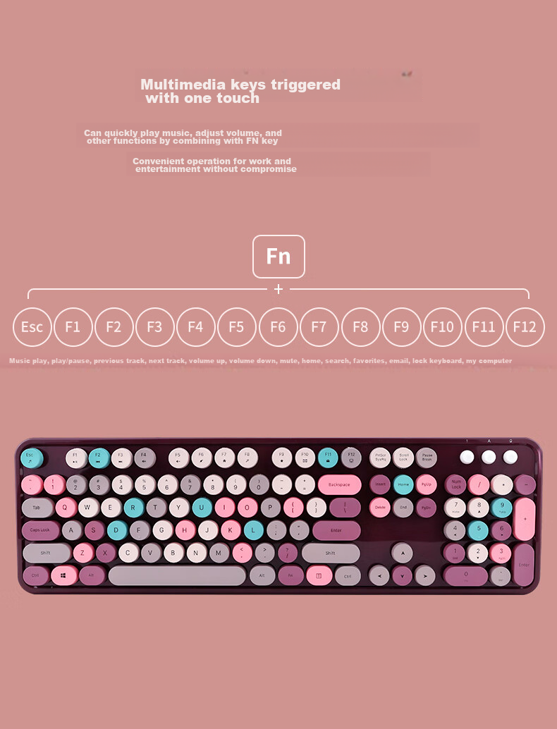 Rantopad RF104 Wireless Keyboard And Mouse Combo, Office Keyboard And Mouse Set, Retro Keyboard, Mouse, Full-Size 104-Key Set, Purple Mixed Color 9
