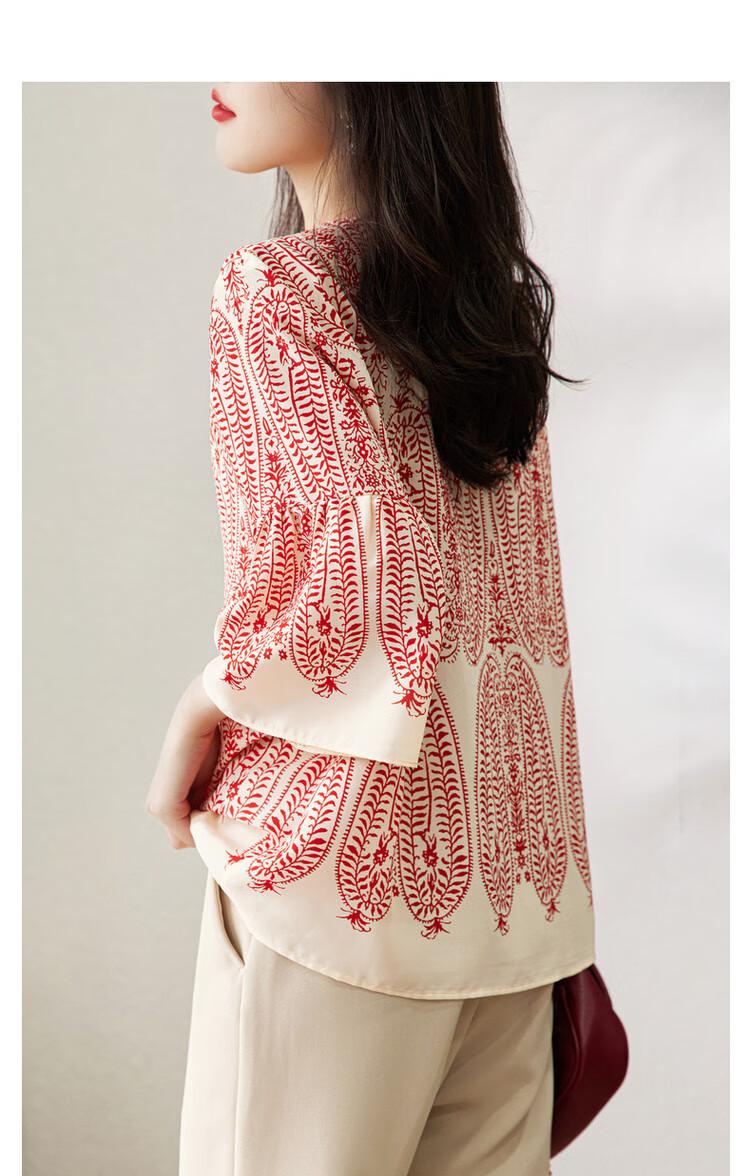 Dme [Chiffon Hibiscus Linen Shirt] Summer V-Neck Three-Quarter Sleeve Paisley Print Blouse Women's Top 11