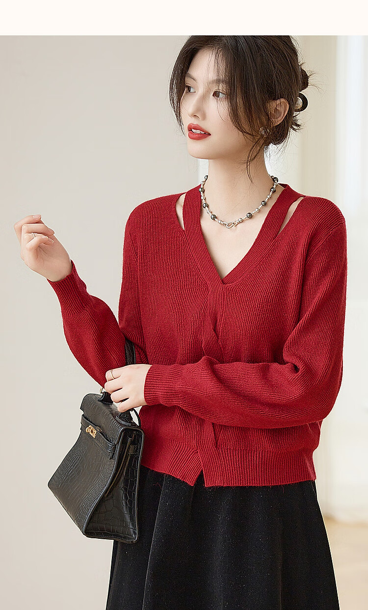Dme Elegant Petite Woman Spring Autumn Sexy Hollow Out Cable Knit V-Neck Slim Yarn Sweater Top for Women 7