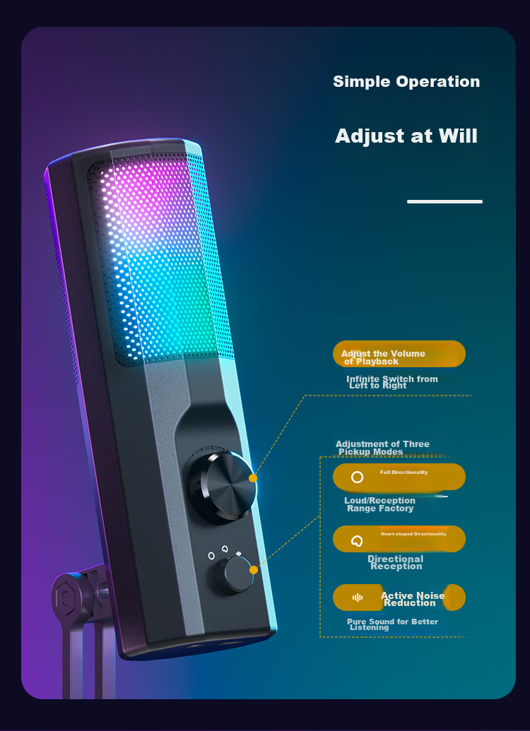 Taidu TSP201 Xingchuan F1 Computer Microphone, Desktop Microphone, USB Port, RGB Lighting Effects, Black 5