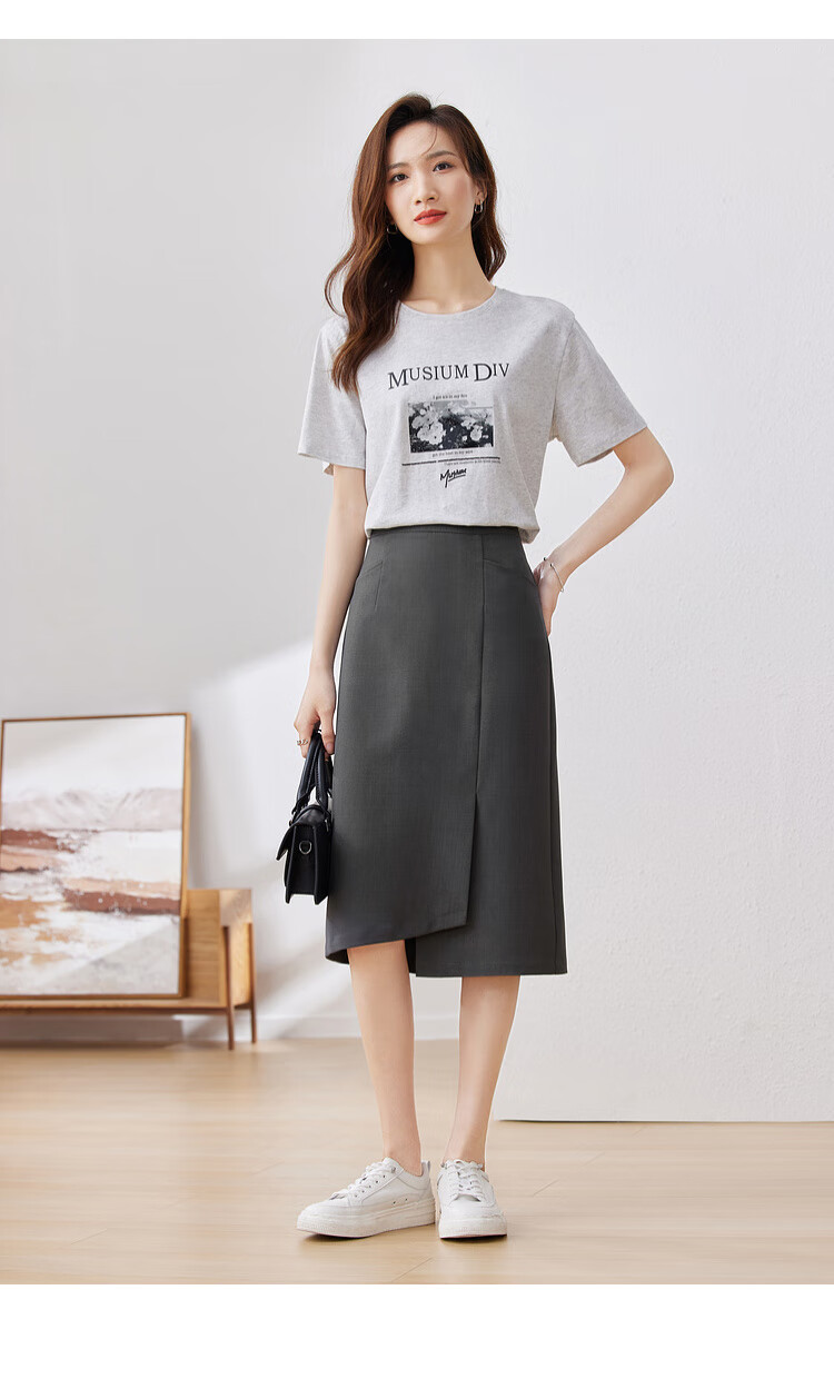 Sentubila Stylish Asymmetric Slit Midi Skirt, Urban Commuter Irregular High-Waisted Pencil Skirt, Gray, S 17