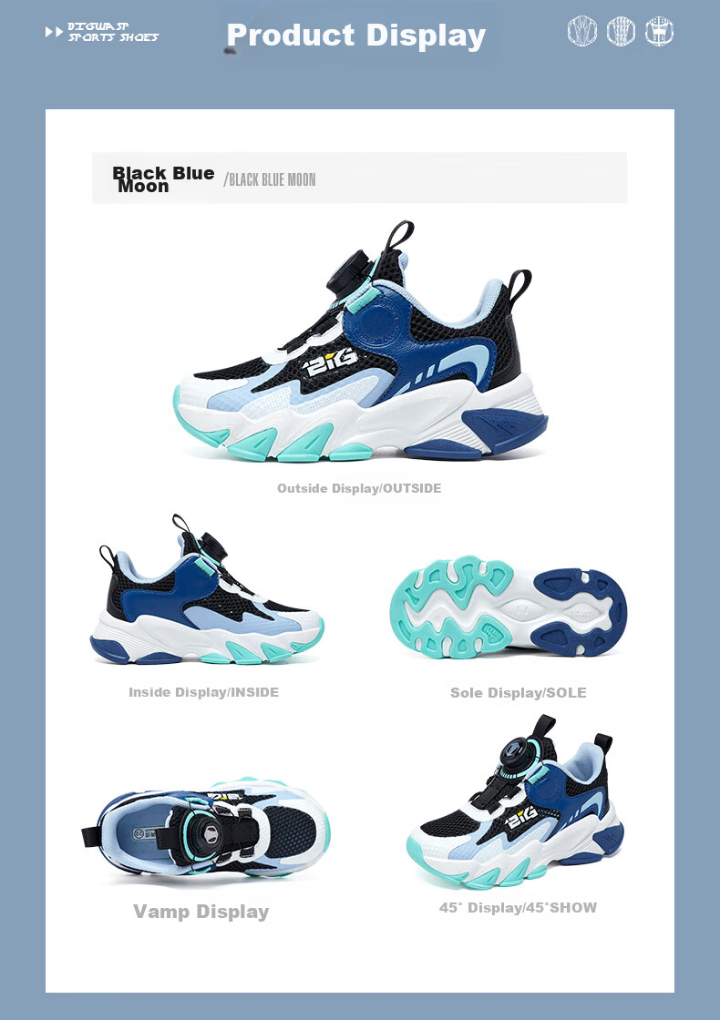 BIG WASP Children's Shoes, Boys' Sneakers, Summer New Style Mesh Rotating Buckle Breathable Running Shoes for Older Kids, Casual Footwear 6