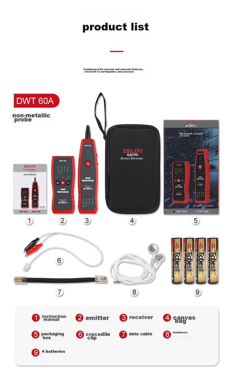 DELIXI ELECTRIC Multifunctional Cable Tester, Wire Tracker, Anti-Interference Telephone And Network Cable Tester, Home Use DWT 60B 20