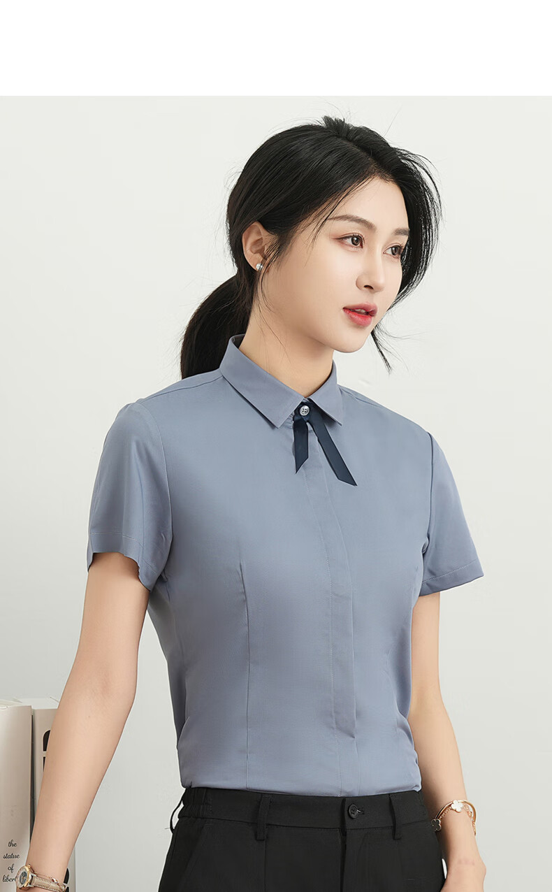 ROMON Cotton Short-Sleeve Shirt for Women, Business Casual Professional Formal Wear, Slim Fit Work Uniform Commuter White Blouse Women's Clothing 15