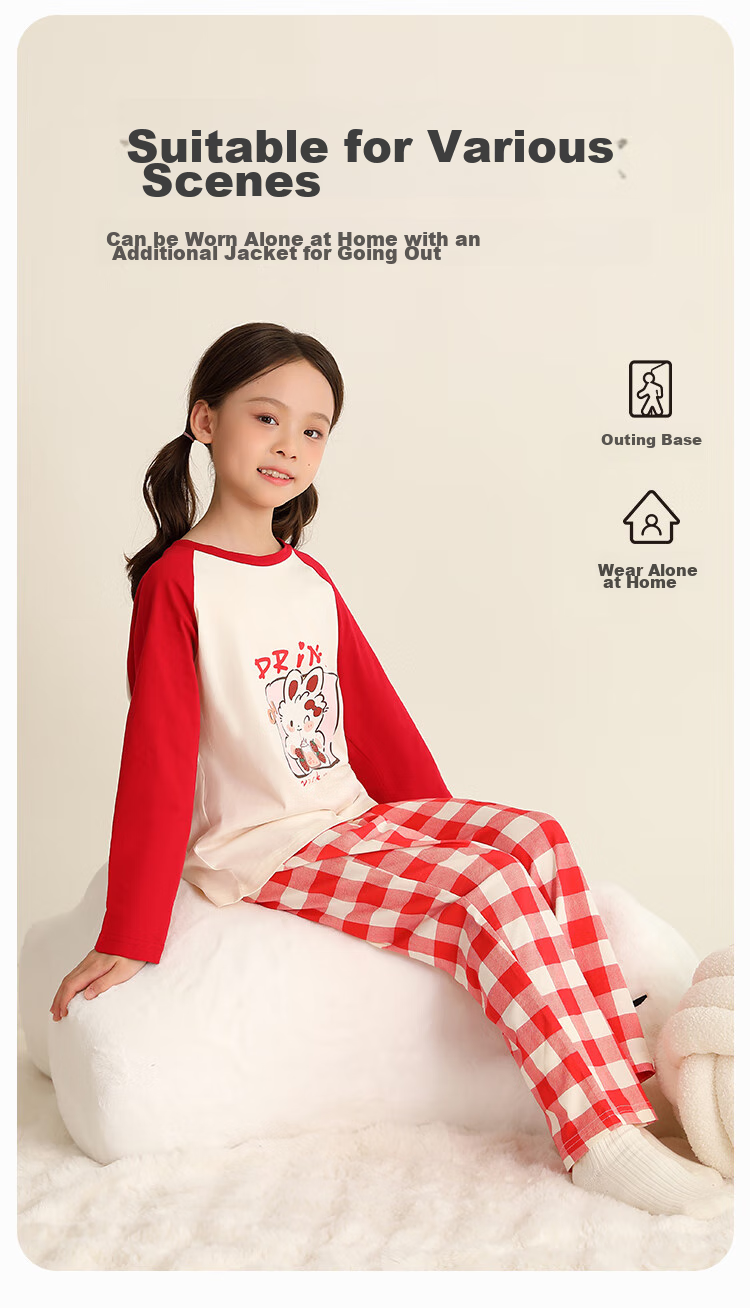 YUZHAOLIN Girls' Pajamas Spring Pure Cotton Children's Home Wear Set for Older Kids Simple Plaid Patter 7