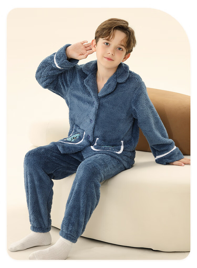 LangSha Children's Pajamas, Boys' Autumn And Winter Thickened Sleepwear, for Older Kids And Teenagers, Baby Flannel Lapel Loungewear, Warm Set 5