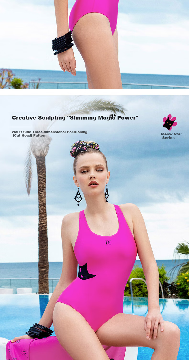 BALNEAIRE Little Black Cat/Miaoxingren Series 2025 New Women's One-Piece Swimsuit, Sun Protection, Competitive Speed 61786, Berry Pink, S 4