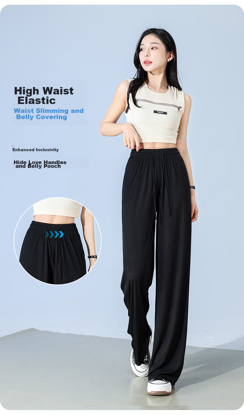 FitonTon Ice Silk Wide-Leg Pants for Women, Summer Lightweight High-Waist Draping Trousers, Loose Straight Casual Floor-Length Pants, Black, Size S 7