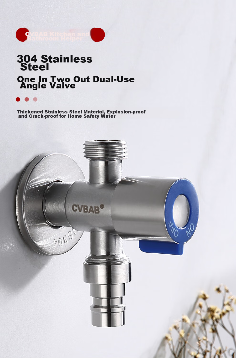 CVBAB Angle Valve, One Inlet Two Outlets, Three-Way, 1/2 Inch And 3/8 Inch Dual-Use Toilet Angle Valve, One-Inlet Two-Outlets Double-Opening Washing Machine Faucet CV1117 1
