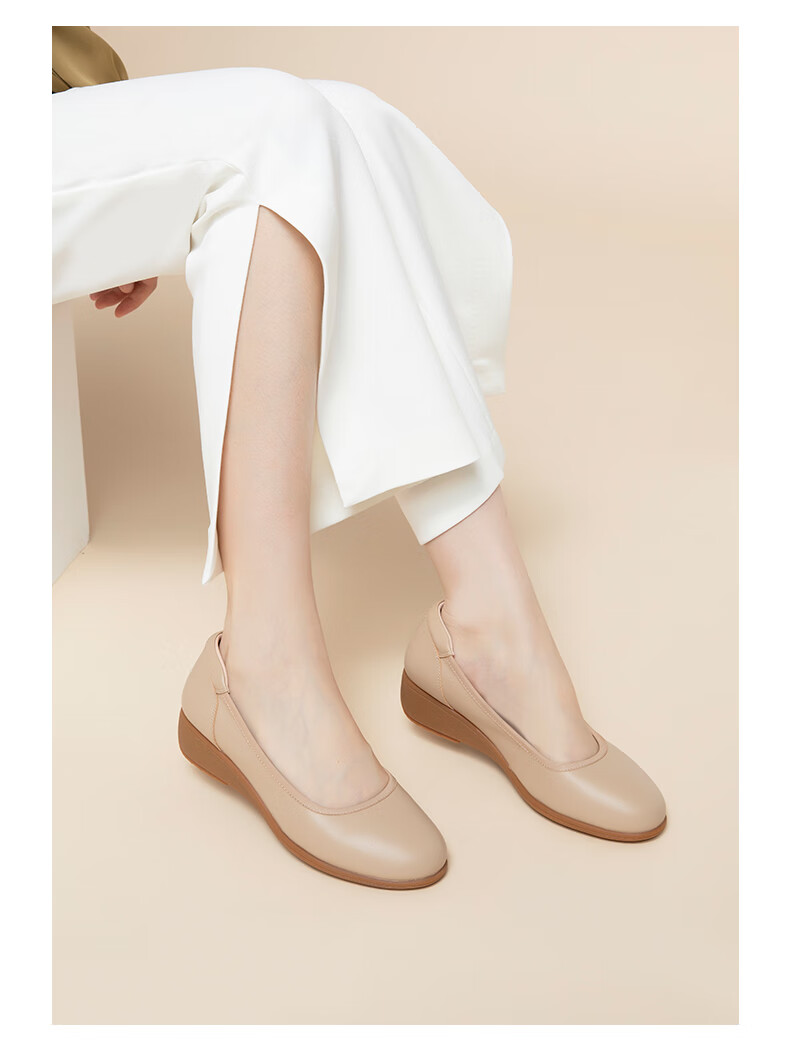 COMELY Leather Flats for Women, Spring And Summer New Style Comfortable Genuine Leather Soft-Soled Versatile Mom Shoes, Wedge Heel Non-Tiring, Apricot Color, Size 34 10