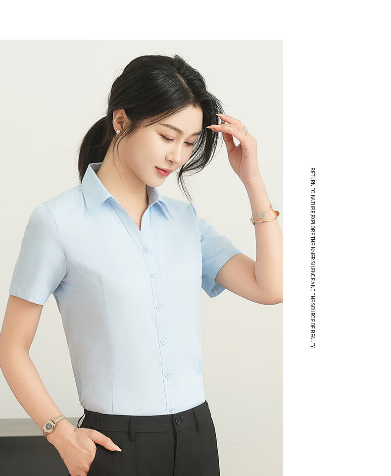 ROMON Cotton Short Sleeve Shirt Women V-Neck Business Casual Slim Fit Workwear Commuting White Shirt 11