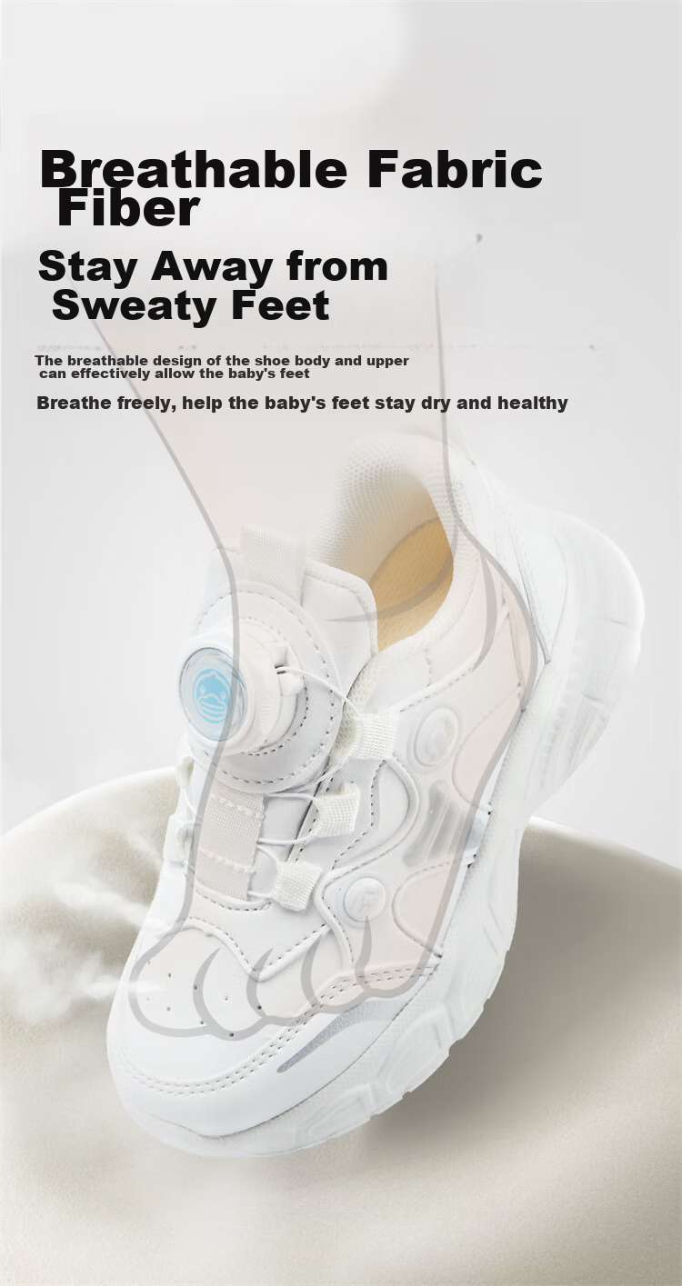 B.Duck Children's Sports Shoes, White School Campus Sneakers, Waterproof Leather Upper, Boys And Girls Shoes, White Color, Size 27 5
