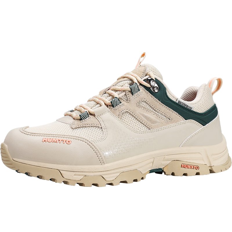 HUMTTO Waterproof Hiking Shoes, All-Season Women's Non-Slip Trekking Shoes, Outdoor Casual Shoes for Women, Beige-Dark Green, Size 39
