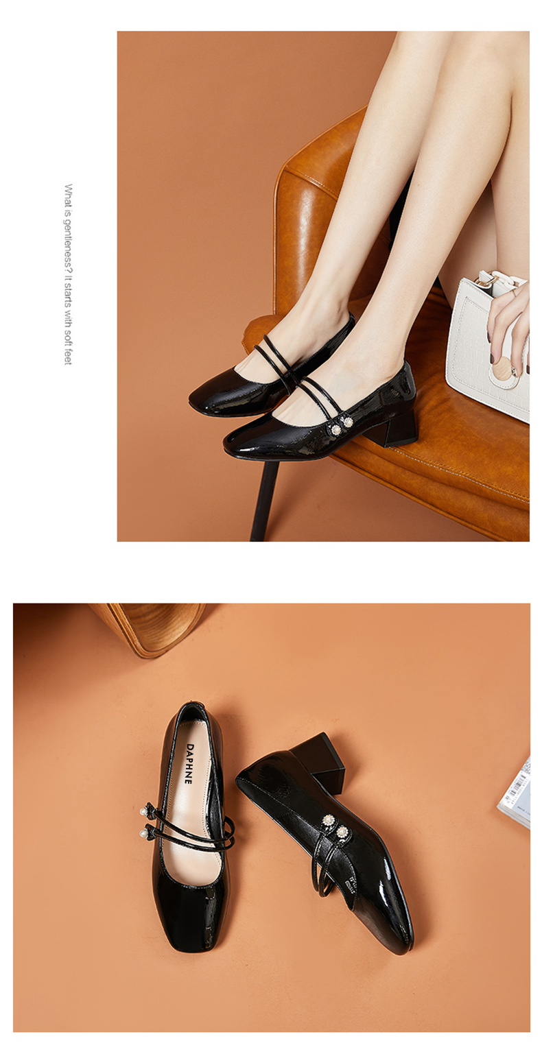 DAPHNE Mary Jane Shoes for Women, Professional Work Leather Shoes, Chunky Heel Square Toe Mid-Heel Pumps, Versatile Comfortable Women's Shoes 4621101013 Black 34 9