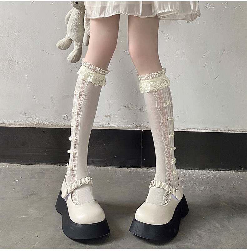 LangSha Silk Stockings for Women, Thigh-High Socks, Thin Spring And Summer Style, Y2k Hot Girl Schoolgirl Style, Lace Trim, Bow, Mid-Calf Socks 2