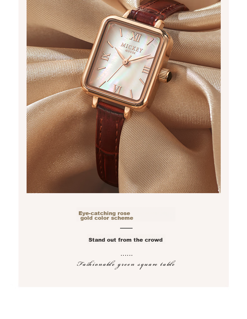 Disney Women's Luxury Niche Elegant Small Pin Square Green Watch Birthday Valentine's Gift 11