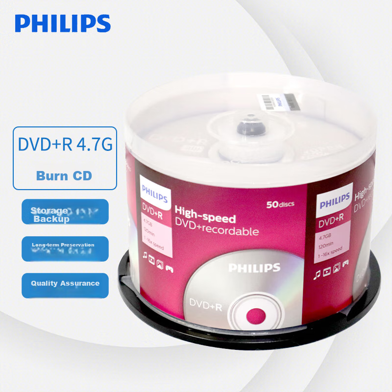 PHILIPS DVD+R Blank Discs/Recordable Discs, 16x Speed, 4.7GB Capacity, 50 Pieces in A Barrel