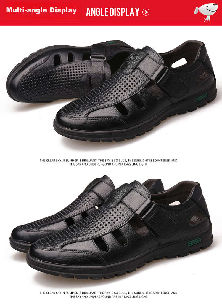 EGCHI Men's Sandals, Hollow-Out Slip-On, Top-Grain Leather, Velcro Casual Leather Sandals, J8838, Black, Size 39 22