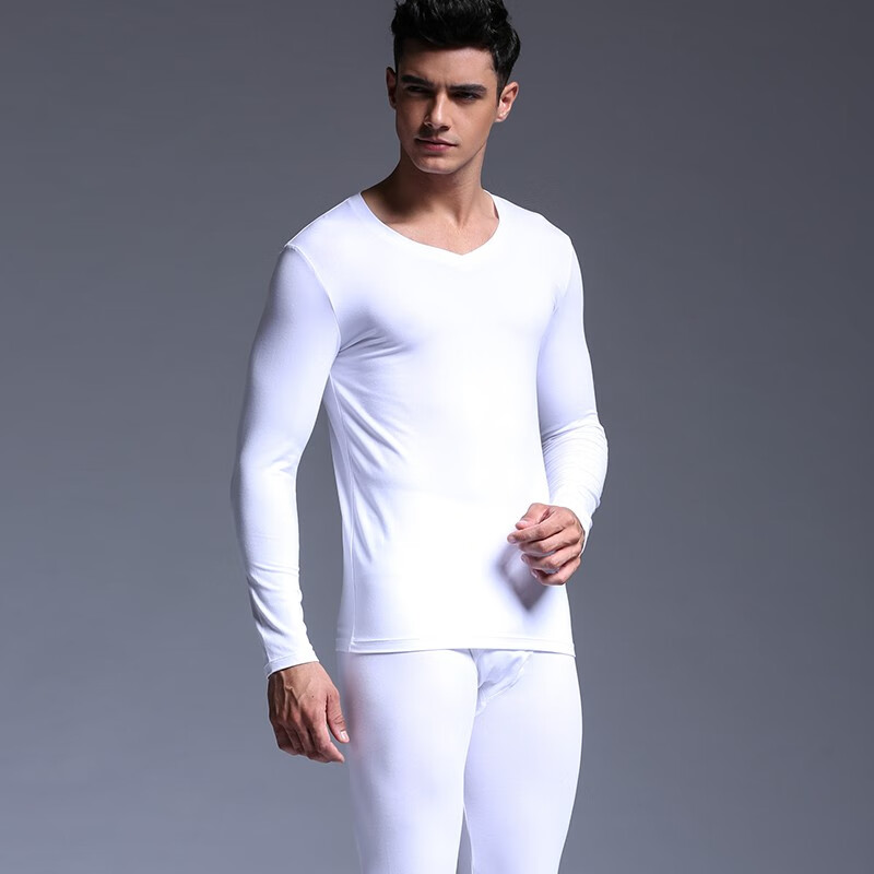 HACAI Men's Thermal Underwear Set V-Neck Modal Cotton Autumn Base Layer White 3XL