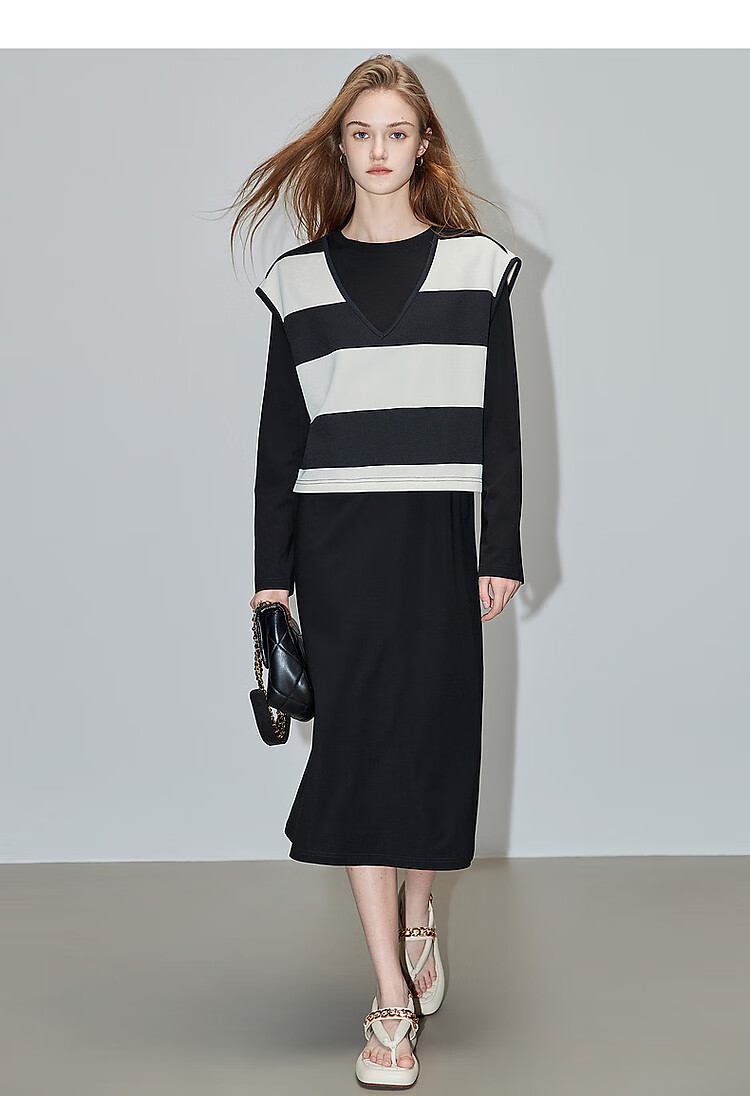 Dme [Laziness Casual Outfit] Spring And Autumn New Fashion Draping Roman Fabric Dress, Box-Shaped Striped Vest Two-Piece Set 5