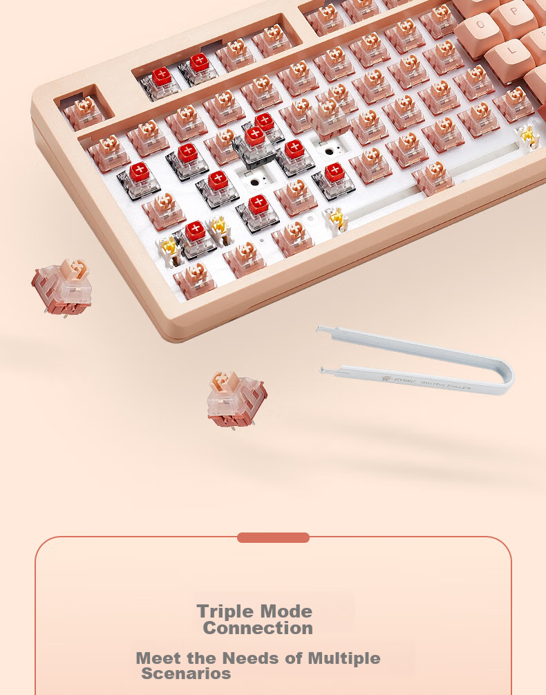 Hyeku Q3 87-Key Tri-Mode Wireless Bluetooth Customizable Mechanical Keyboard Full Hot-Swappable Gasket Structure Keyboard for Gaming And Office Use Peach Velvet Color Kailh Meme Switch 6