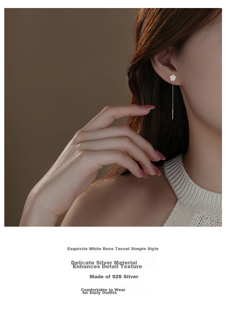 Dijing Iridescent Rose Earrings for Women, Silver Studs with Elegant Long Tassel Earrings, Birthday Gift for Girlfriend 2