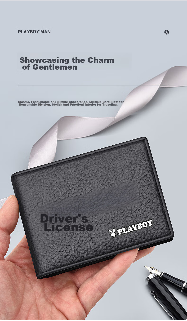 PLAYBOY Driver's License Holder for Men, Genuine Top-Layer Leather Protective Case, Integrated Card Holder for Motor Vehicle License, Silk Screen Printing 6