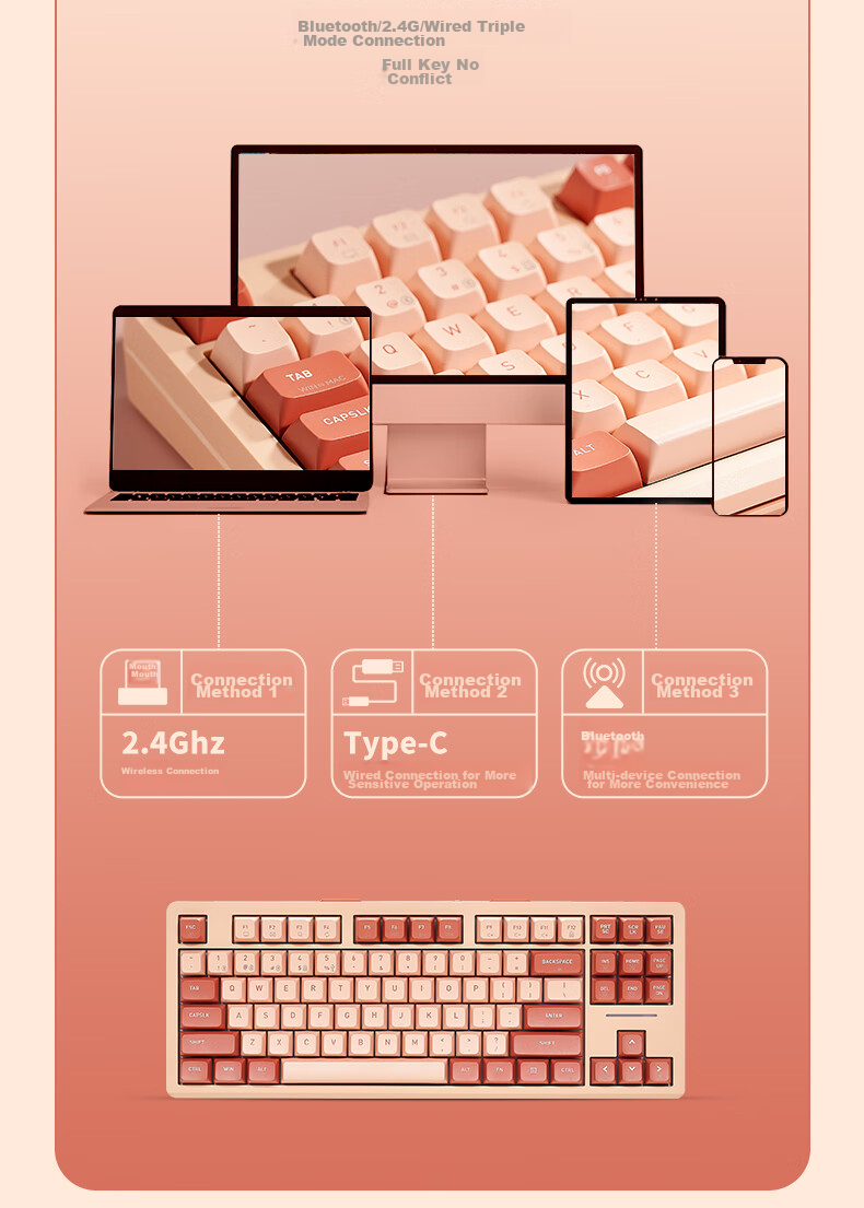 Hyeku Q3 87-Key Tri-Mode Wireless Bluetooth Customizable Mechanical Keyboard Full Hot-Swappable Gasket Structure Keyboard for Gaming And Office Use Peach Velvet Color Kailh Meme Switch 7