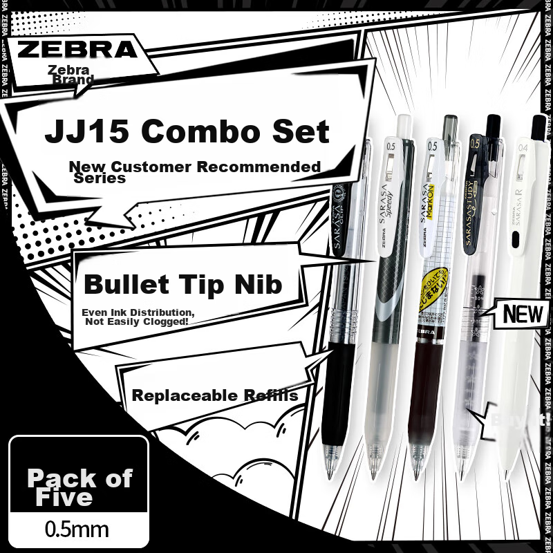 ZEBRA JJ15 Learning Combination Set 13, 0.4mm/0.5mm Student Exam Gel Pens, Office Pens, New Customer Recommendation Series, Pack of 5