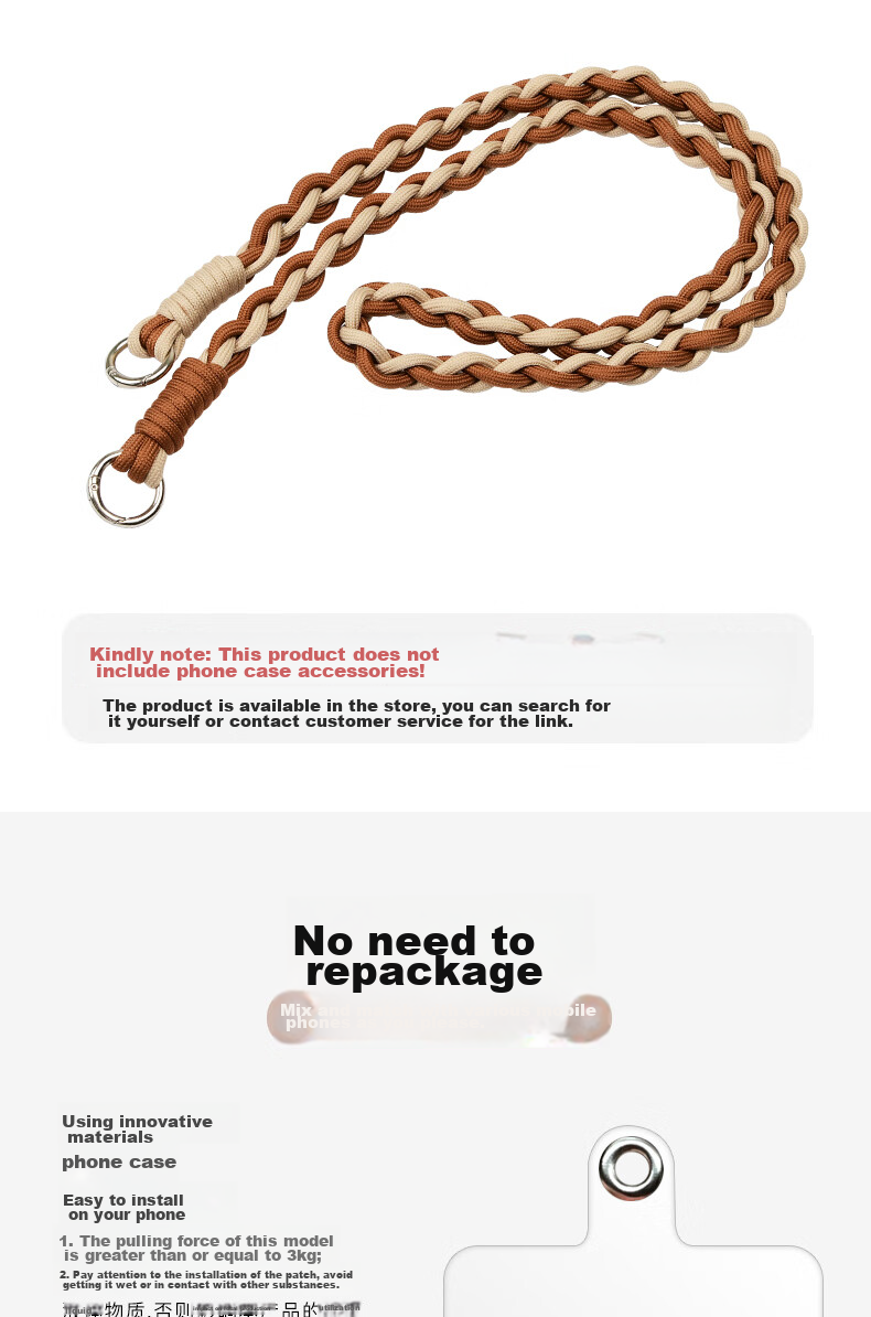 Dipuer Phone Lanyard, Long Crossbody Strap, Can Be Used As Keychain, Outdoor Braided Phone Cord, Can Be Handheld, Durable, Key Chain Strap [Gray Dot Pink], Anti-Loss Rope 2