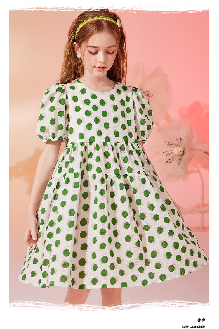 ASK JUNIOR Girls' Dress, Summer 2024 Thin Style, for Older Children, Fashionable Polka Dot Print, Pure Cotton Princess Dress, Green, Size 160 6