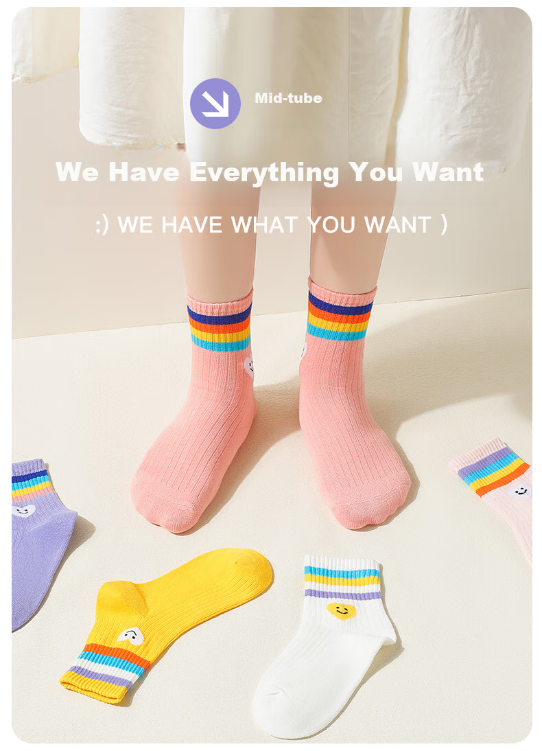 LangSha Kids Socks Girls Spring Autumn Winter Four Seasons Mid-Calf Comfortable Breathable Cotton Socks Cute Big Children 5 Pairs Pack 3