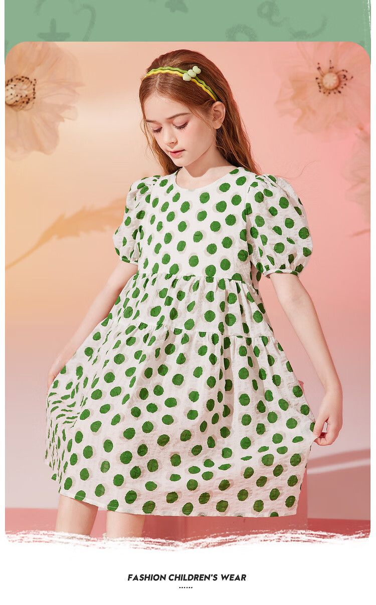 ASK JUNIOR Girls' Dress, Summer 2024 Thin Style, for Older Children, Fashionable Polka Dot Print, Pure Cotton Princess Dress, Green, Size 160 4
