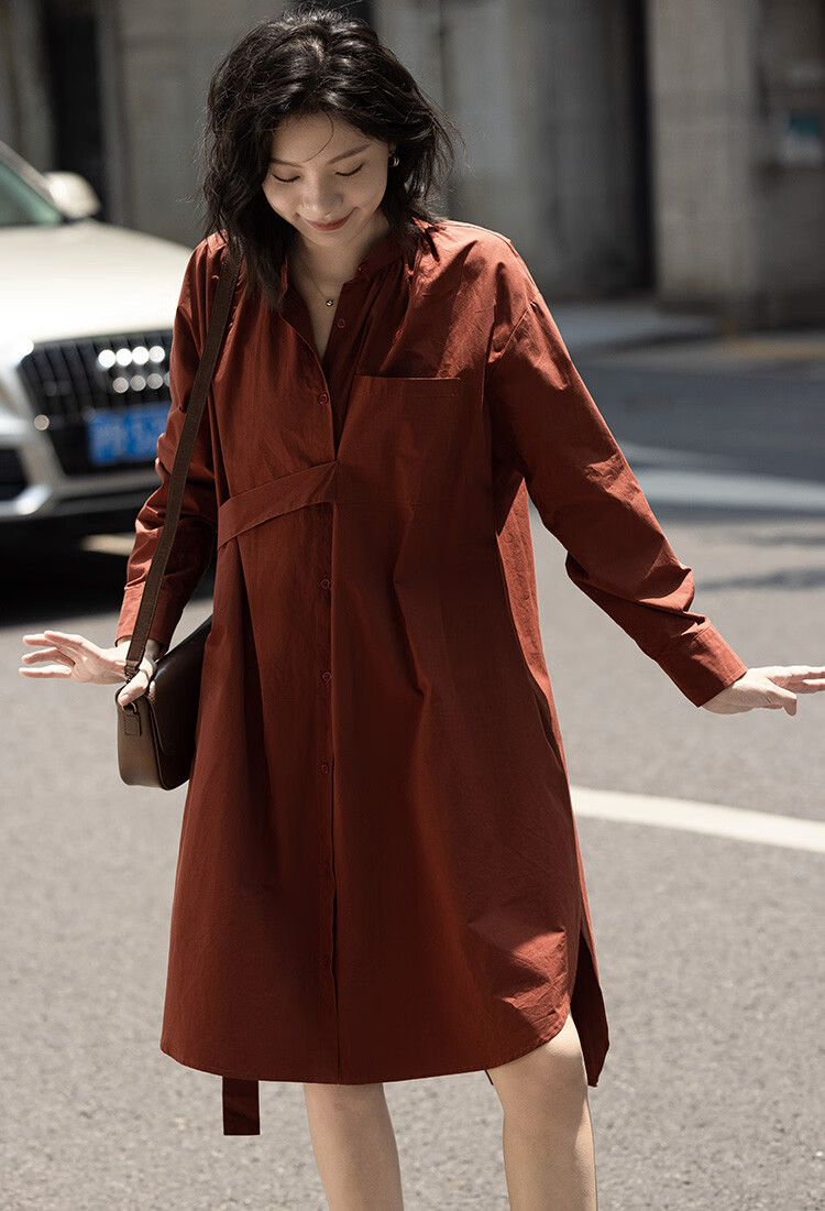 Dme Vintage Shirt Dress with Tie Waist, Niche Design, Loose-Fitting Slimming Dress, Rust Red, S 4