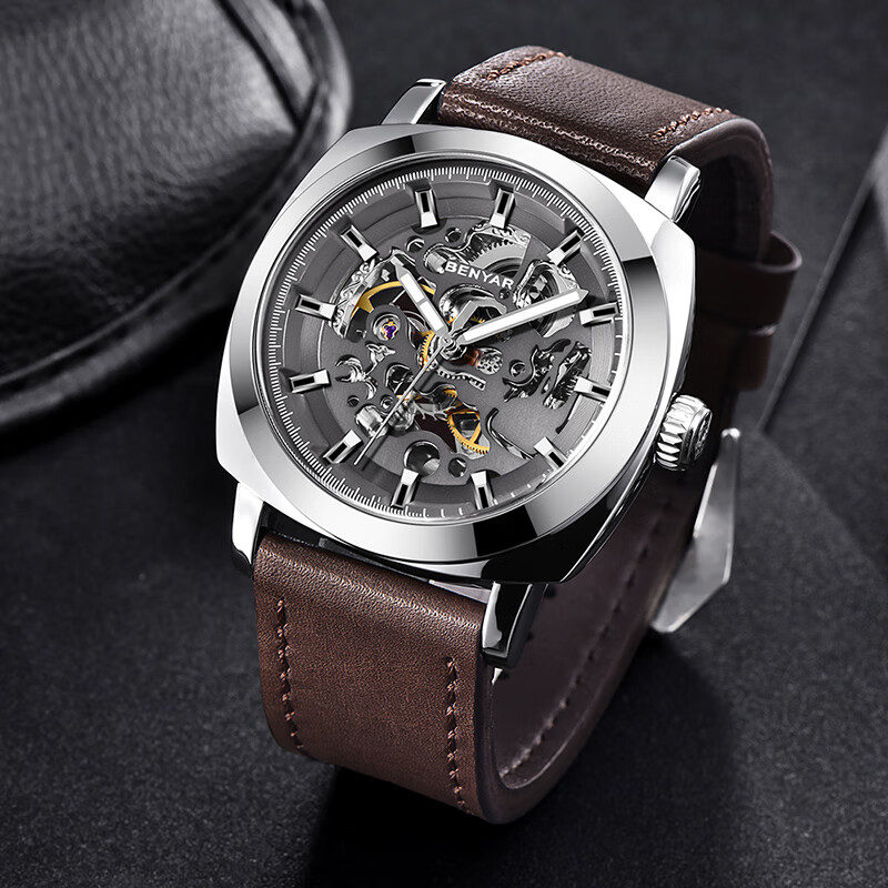 TSAR BOMBA Benyar Youth Trendy Skeleton Mechanical Watch, Student Watch for Men, Casual Sports Leather Strap, Gift for Boyfriend 11