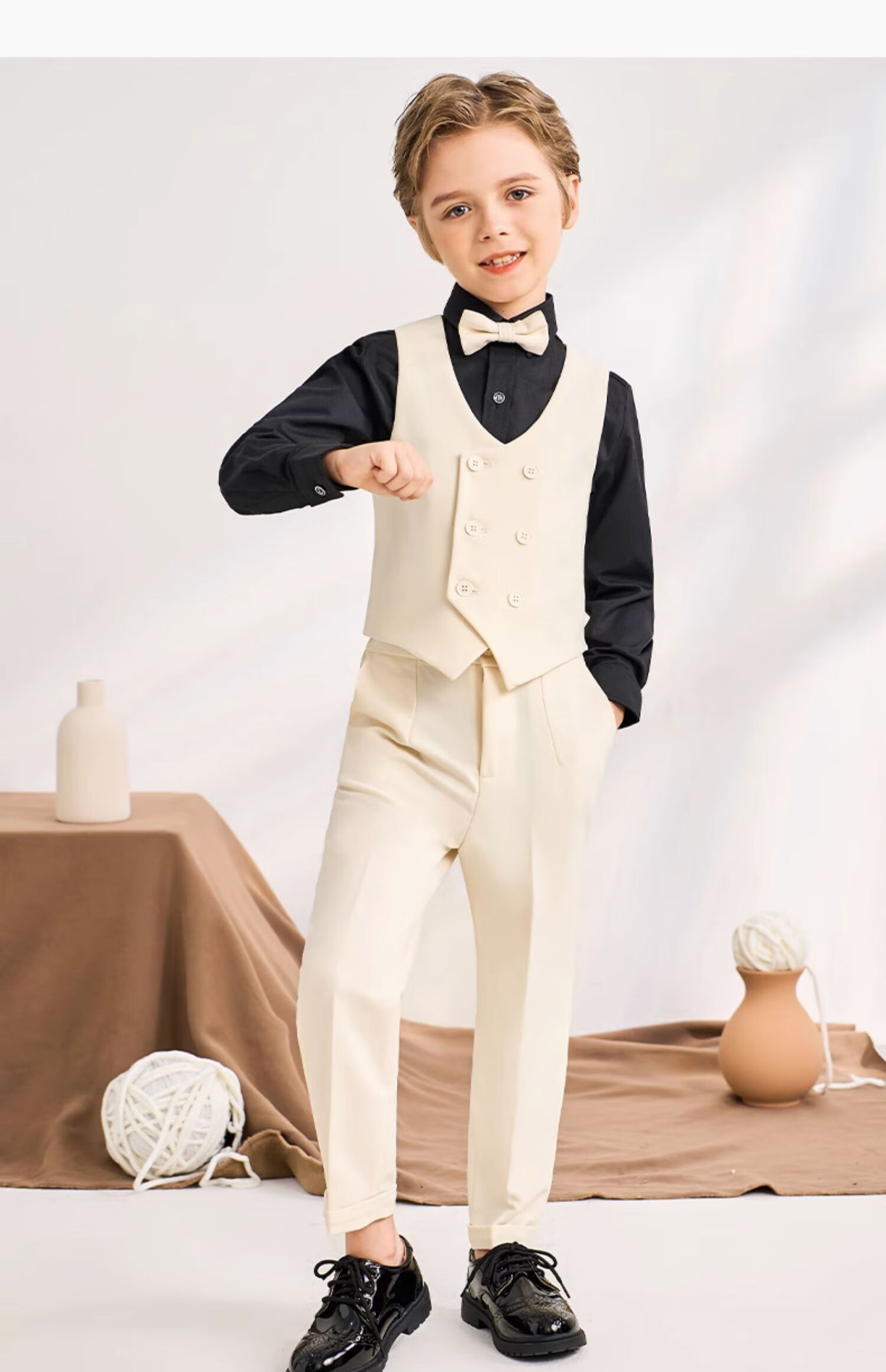Luomeng Boys' Suit Set, Baby's First Birthday Formal Wear, Children's Wedding Flower Boy Outfit, Beige Vest Set, Size 80 19
