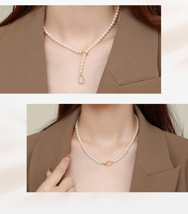 CHOW TAI SENG Freshwater Pearl Necklace for Women with S925 Silver Clasp, Interlocking Chain, Gift for Girlfriend New Year 2