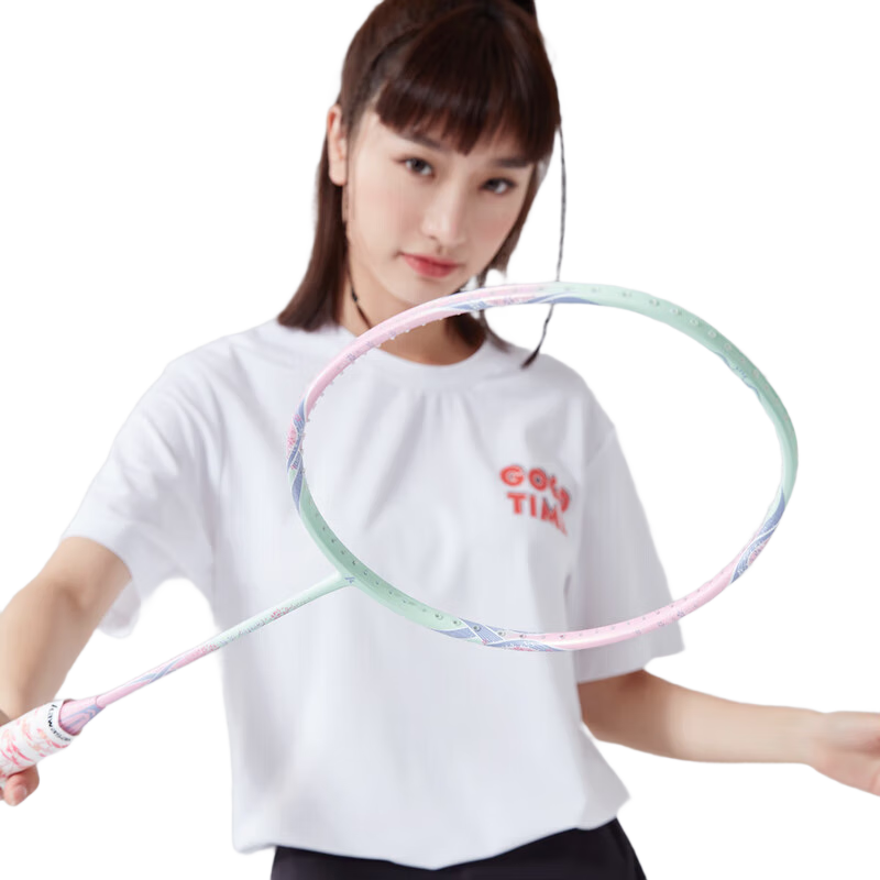 Kawasaki Badminton Racket for Women, Full Carbon Single Racket, 5U Ultra-Light, Qinghua Ceramic Series Huayan Second Generation Purple-Green (Pre-Strung)