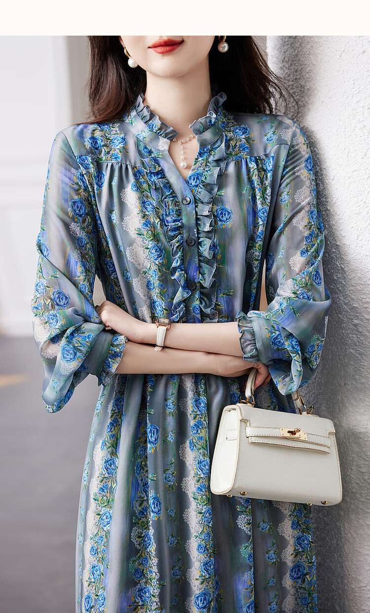 Dme [Huayao Crinkle Floral Print Dress], Spring And Autumn Stand-Collar Waist-Cinching Ruffle Trim Dress for Wome 11