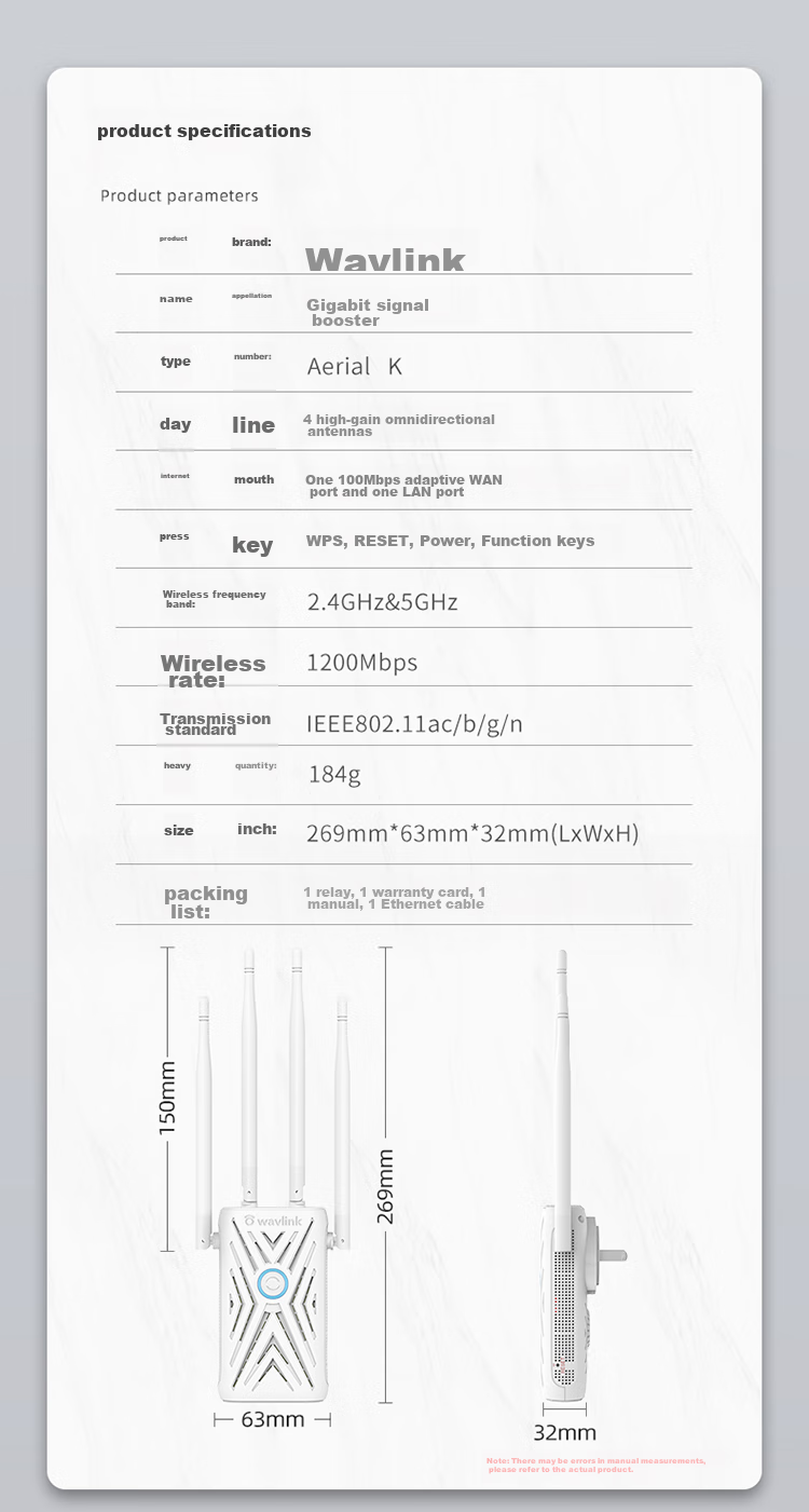 Wavlink 1200M Dual-Band WiFi Signal Amplifier, 5G Wireless Extender Repeater, Home Router Wireless Signal Booster, Amplifier AERIAL K 20