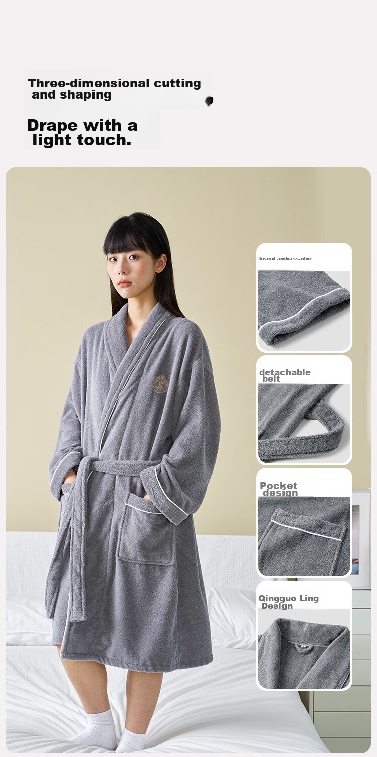 Sanli Five-Star Hotel Bathrobe, Pure Cotton, Absorbent And Quick-Drying, Adult Thin Home Bathrobe for Men And Women, Autumn And Winter Long Style Bath Towel, Gray, Size M 6