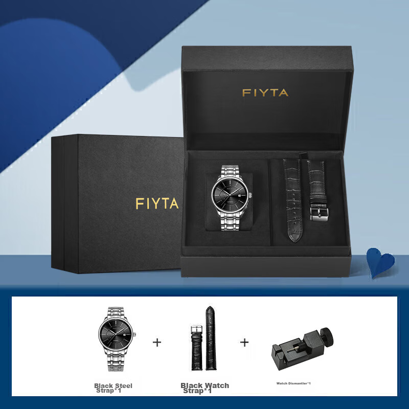 FIYTA Classic Series with Date Display, Black Dial, Steel Band, Automatic Mechanical Business Men's Watch, Holiday And Birthday Gift for Me