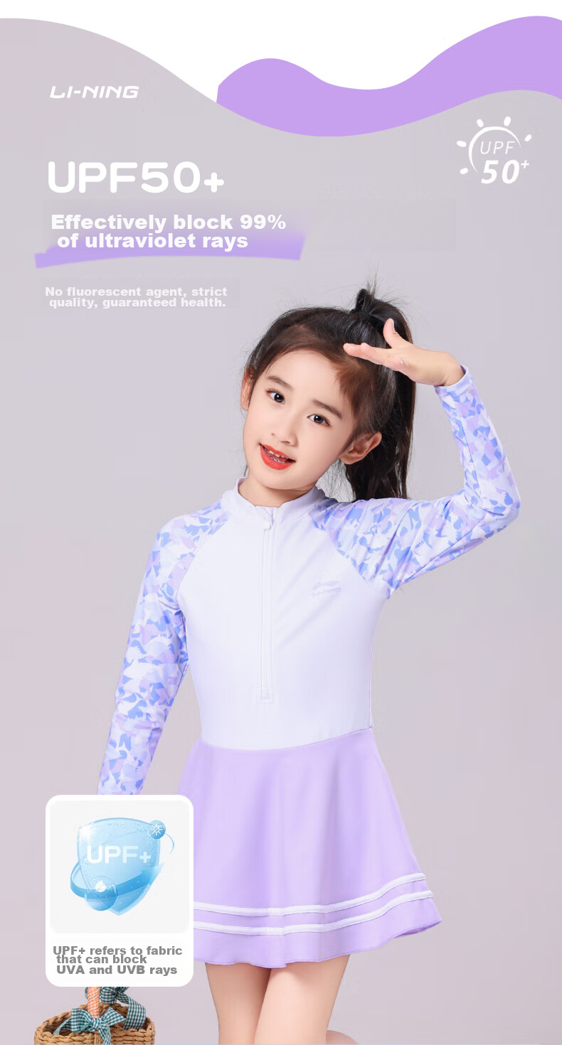 Li-Ning Children's Swimsuit, Girls' Cute One-Piece Swimwear, Conservative Casual Style, 736 Long-Sleeve Version, Size 120 3